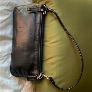 Coach Smooth Black Leather Zip Clutch with Strap